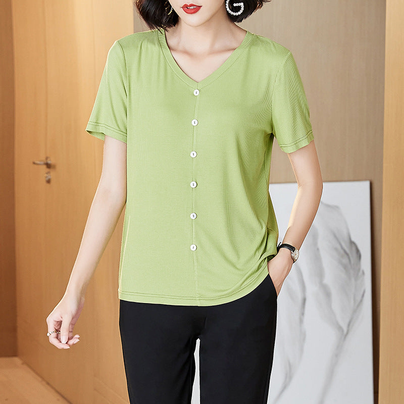 Plus Size Ribbed Knit Buttons V Neck T Shirt