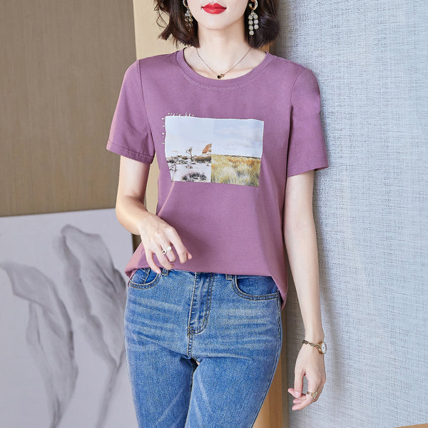 Plus Size 100% Cotton Scenery Picture T Shirt