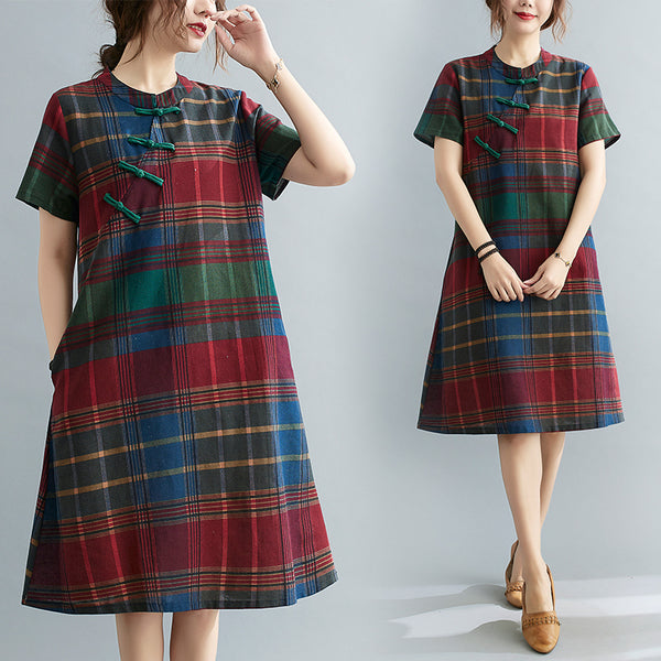Plus Size Vintage Checks Cheongsam Dress