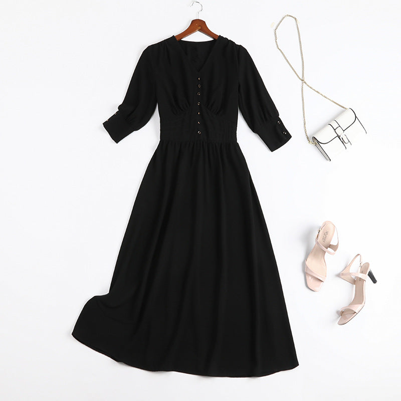Plus Size Vintage Black Swing Mid Sleeve Midi Dress