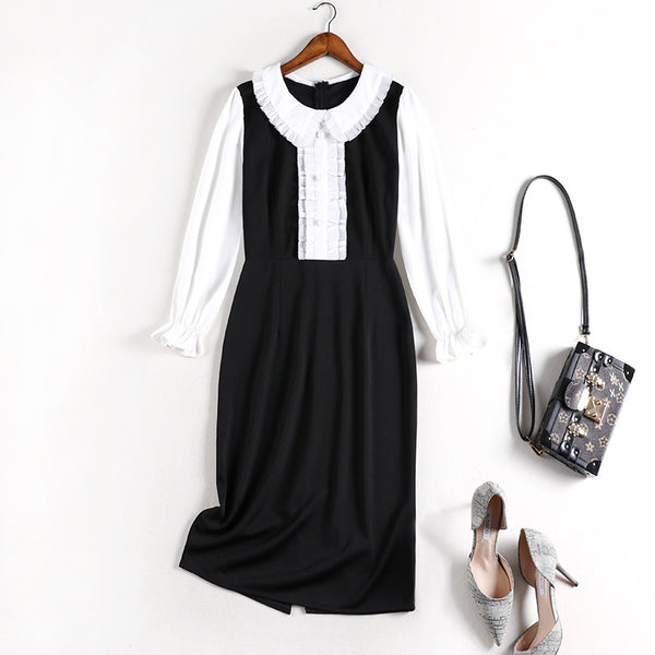 Plus Size Pleated Collar Long Sleeve Dress