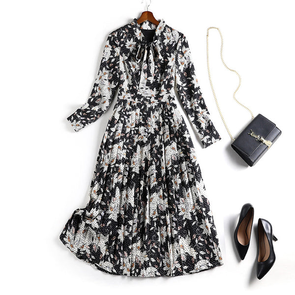 Plus Size Black Floral Pleated Long Sleeve Midi Shirt Dress