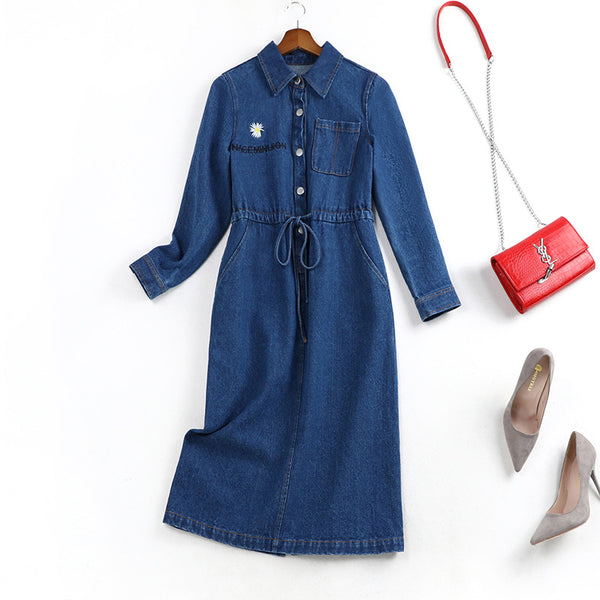 Plus Size Sunflower Denim Long Sleeve Shirt Dress