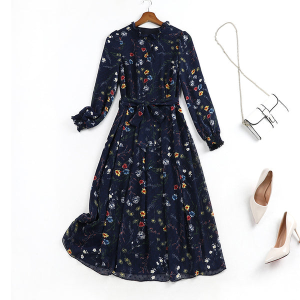 Plus Size Button Chiffon Floral Blue Long Sleeve Midi Dress