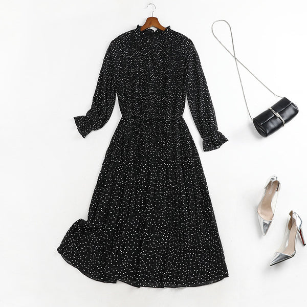 Plus Size Polka Dots Chiffon Pleated Long Sleeve Midi Dress