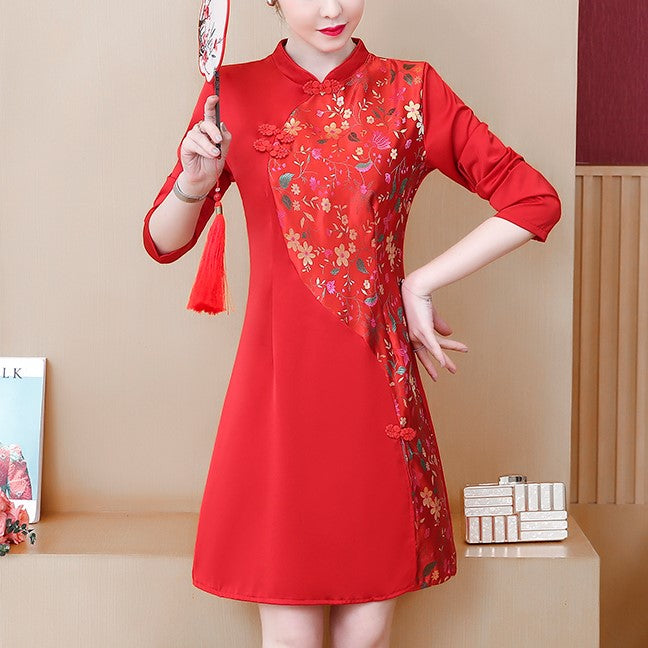 Plus Size Red Long Sleeve Cheongsam
