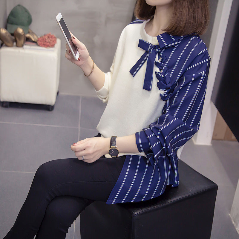 Plus Size Knitted Stripe Long Sleeve Blouse