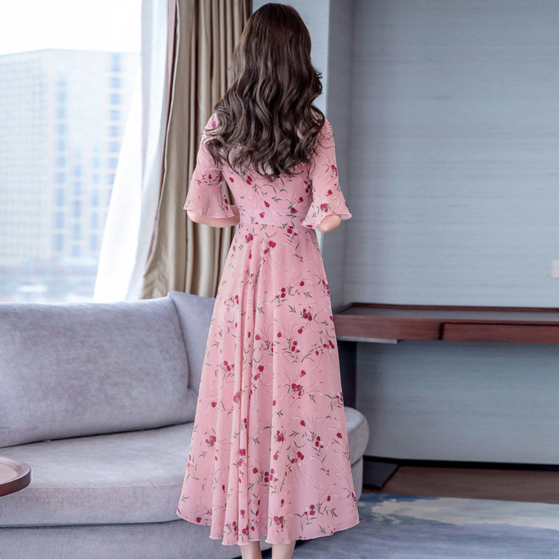 Plus Size Floral Wrap Chiffon Swing Short Sleeve Midi Dress  Pluspreorder
