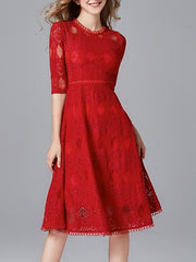 Maelona Red Lace Panel Swing Occasion Mid Sleeve Midi Dress – Pluspreorder