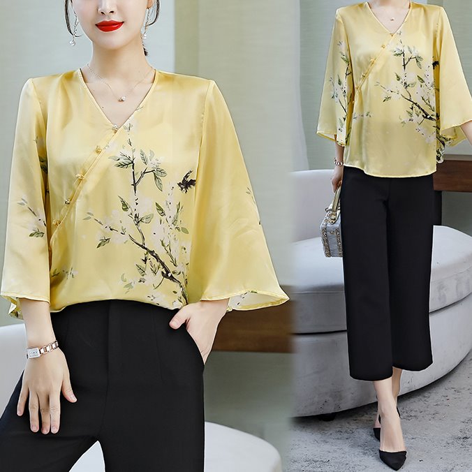Plus Size Yellow Oriental Cheongsam Mid Sleeve Top