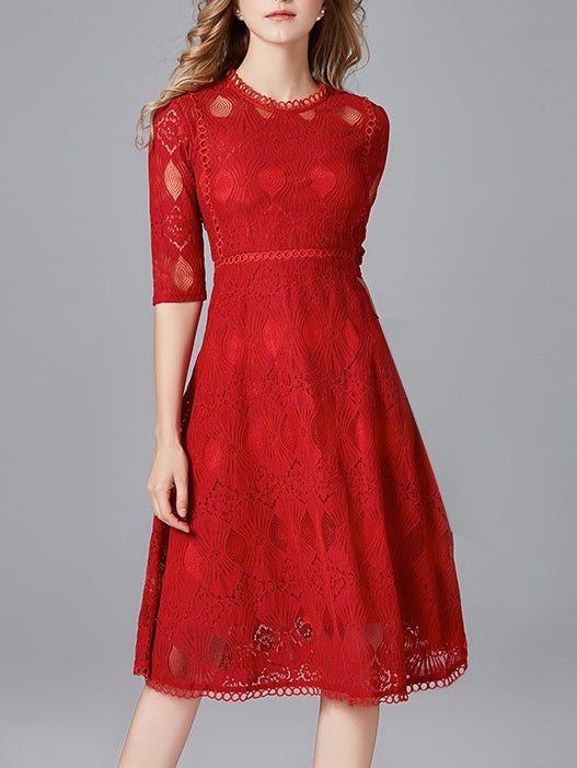 Maelona Red Lace Panel Swing Occasion Mid Sleeve Midi Dress