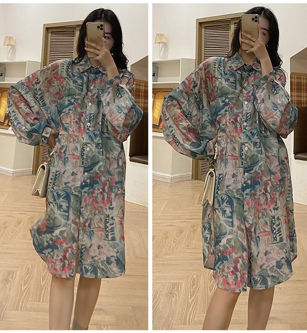 Plus Size Retro Chiffon Long Sleeve Shirt Dress