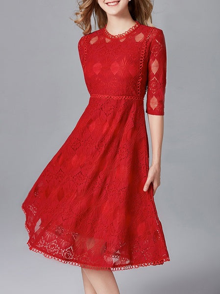 Maelona Red Lace Panel Swing Occasion Mid Sleeve Midi Dress – Pluspreorder