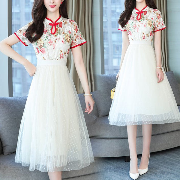 Plus Size White Tulle Floral Cheongsam Short Sleeve Midi Dress