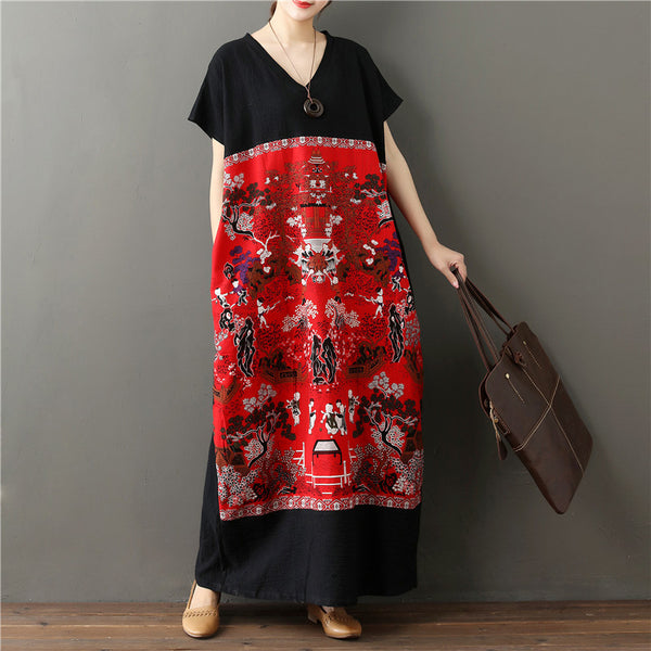 Plus Size Red Black Chinese Scene Short Sleeve Maxi Dress