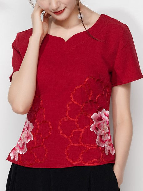 Plus Size Oriental Embroidery Short Sleeve Blouse