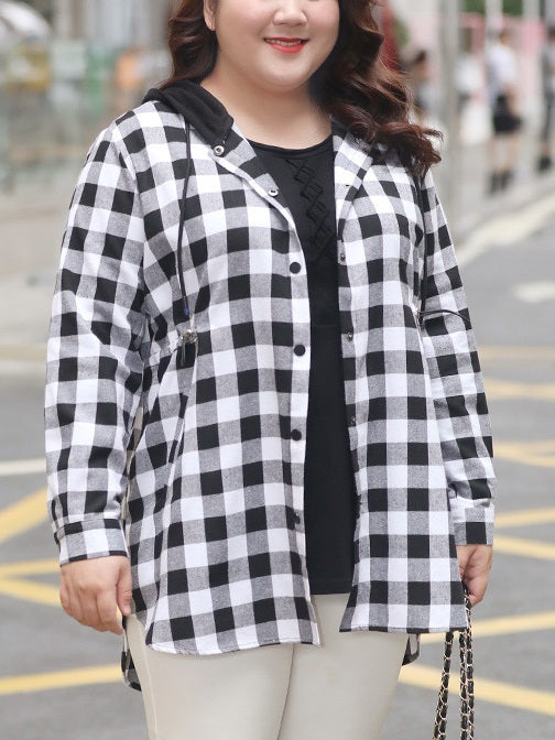 Simi Hoody Checks Waist Gather L/S Shirt Blouse or Jacket (EXTRA BIG SIZE)