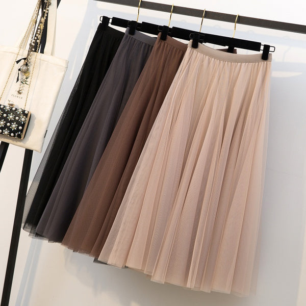 (Ready Stock Brown XL *1) Zinoviya Plus Size Tulle Midi Skirt (Beige, Brown, Grey, Black)