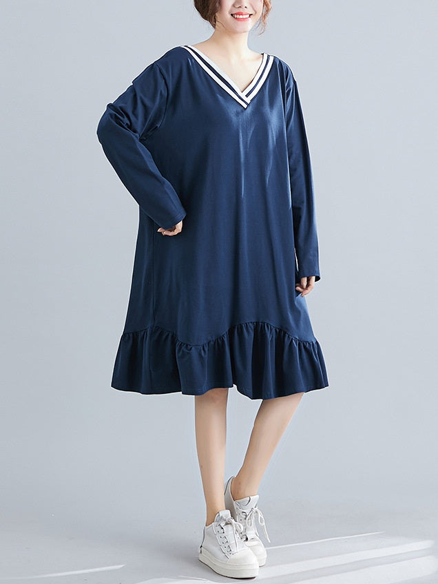 Wynslow Plus Size Blue V Neck Varsity Mermaid Frill Hem Long Sleeve Midi Dress (EXTRA BIG SIZE)