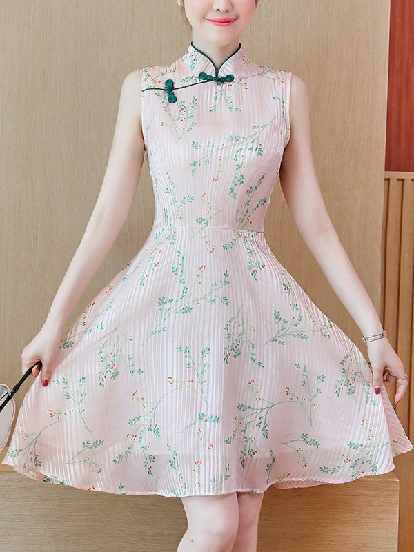Thomasyne Plus Size Cheongsam Qipao Pink Stripes And Green Flowers Sleeveless Dress