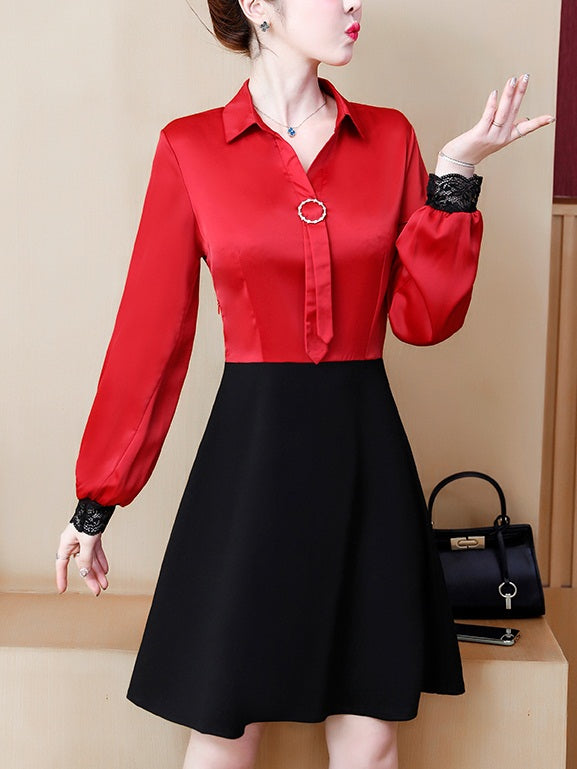 Toscana Plus Size Sateen Sheen Lace Sleeve Cuff Swing Long Sleeve Shirt Dress (Suitable For Chinese New Year) (Red, Green)