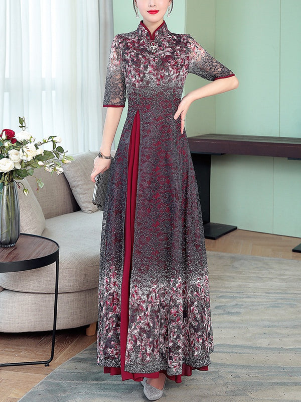 Trianna  Plus Size Cheongsam Qipao Floral Layer Short Sleeve Maxi Dress Gown (Suitable For Weddings, Chinese New Year, Red Carpet Events, Mother Of The Bride And Occasion Wear) (Red, Black)