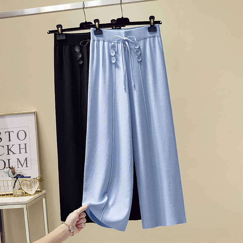 Zaira Plus Size Knit Buttons Wide Leg Stretchy Long Culottes Pants (Blue, Black)