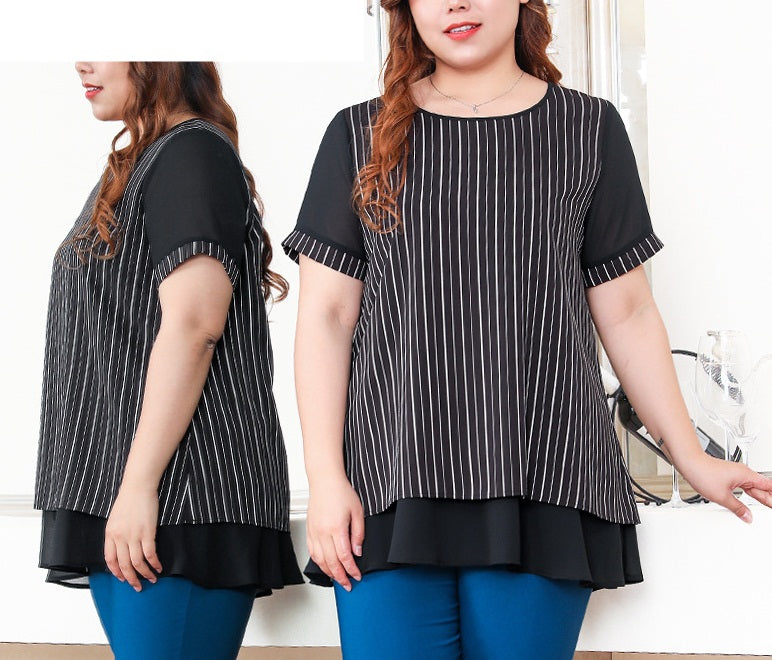 Sydni Plus Size Vertical Stripes Chiffon Short Sleeve Blouse (EXTRA BIG SIZE)
