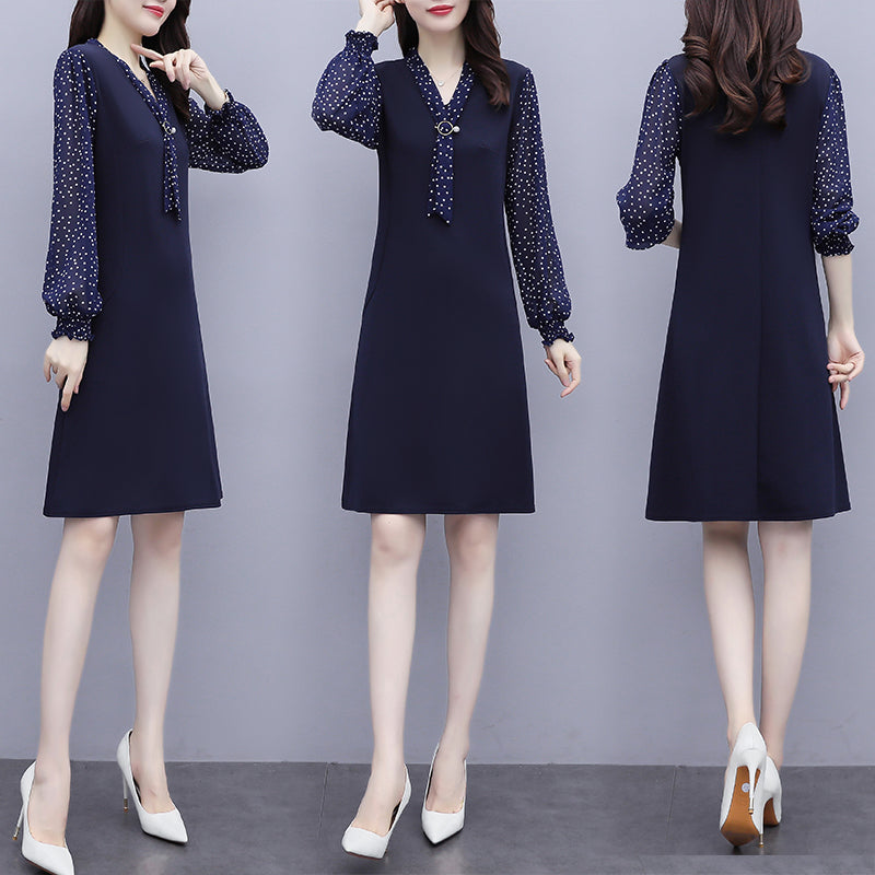 Kelley Plus Size Blue Polka Dots Work Long Sleeve Dress