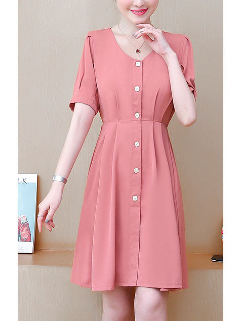 Yolonda Plus Size V Neck Square Buttons Short Sleeve Dress (Green, Pink)