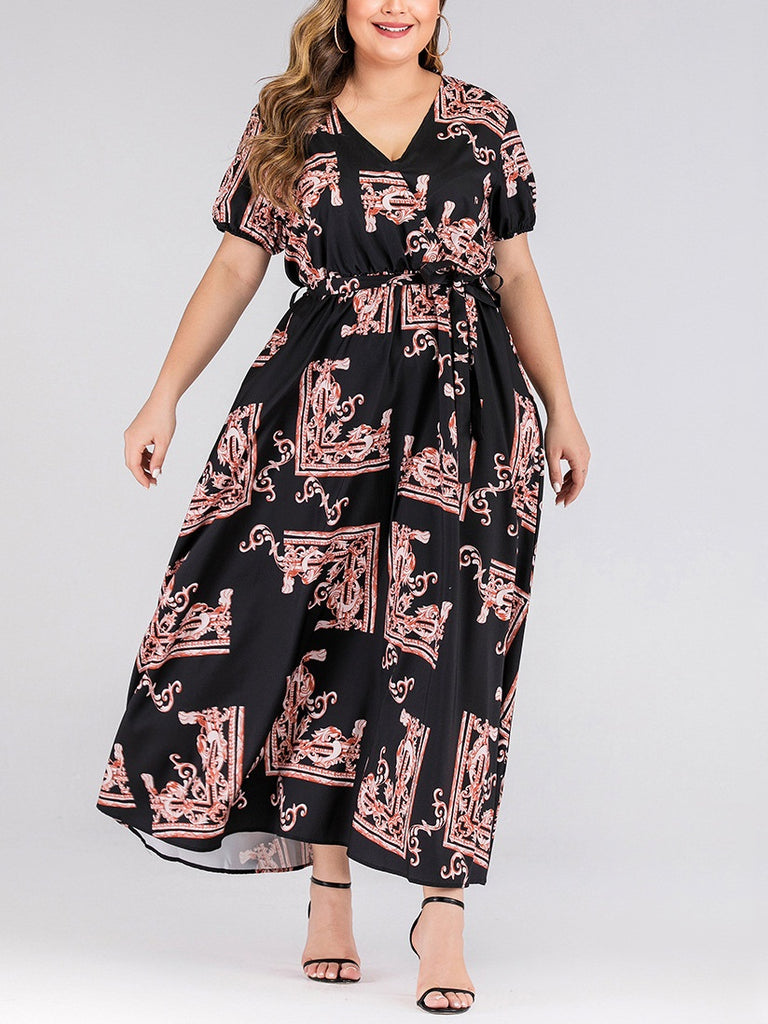 Tarsha Plus Size Black Print V Neck Wrap Neckline Short Sleeve Midi Dress (Suitable For Chinese New Year) (EXTRA BIG SIZE)