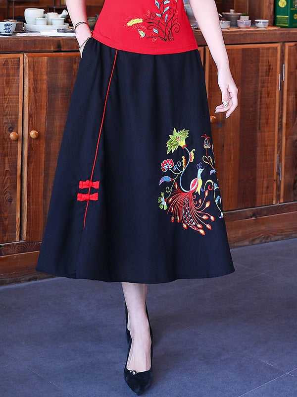 Tikvah Plus Size Black Peacock Embroidery Ethnic Chinese Qipao Swing Midi Skirt (Suitable For Chinese New Year)
