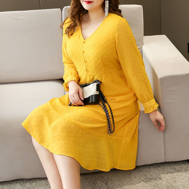 Khora Plus Size Yellow Pindots Long Sleeve Dress