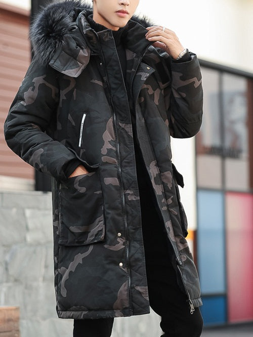 Plus Size Men's Down Winter Jacket Fur Hoody Pockets Padded Long Winter Jacket (Cream, Black, Green Camouflage)