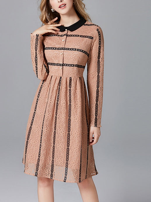 Yuvia Plus Size Beige Lace Buttons Dressy Long Sleeve Shirt Dress