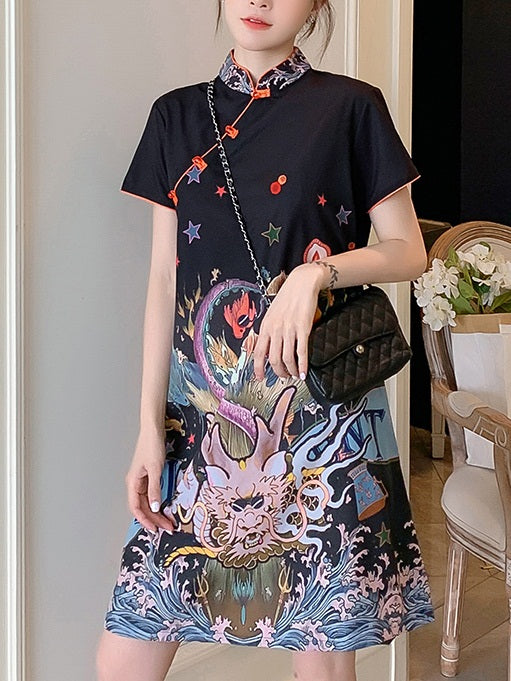 Leontine Plus Size Printed Cheongsam Dress