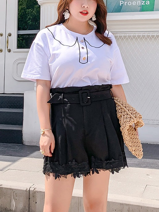 Porsha Crochet Lace Belted High Waist Shorts (Brown, Black)