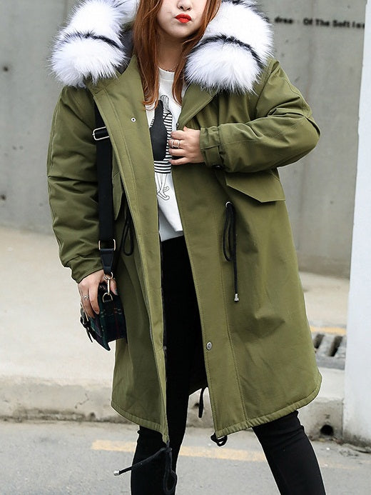 Sévérine White Stripe Fur Collar Hoody Oversized Long Length Padded Utility Winter Jacket