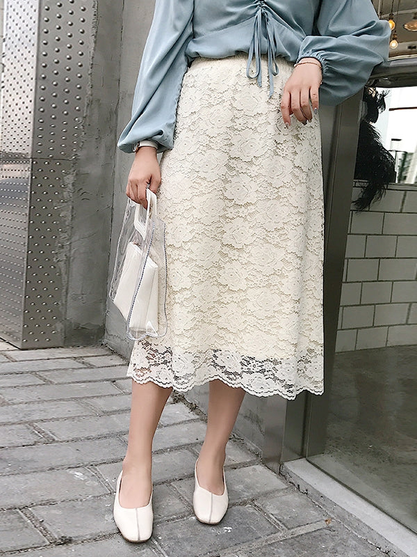 Lace Midi Skirt (Black, Cream)