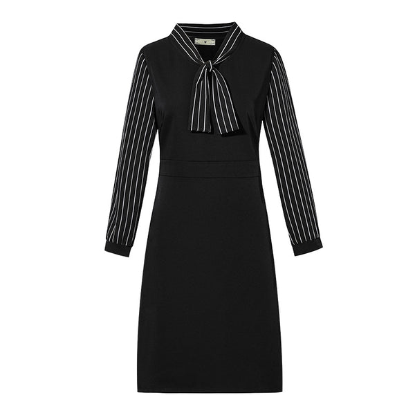 Plus Size Stripe Pussybow Work Long Sleeve Dress