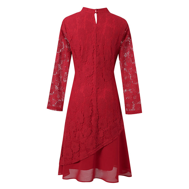 Plus Size Formal Red Lace Cheongsam Mid Sleeve Dress