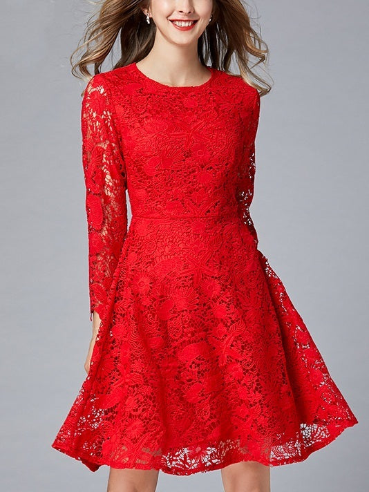 Micarla Plus Size Red Fit and Flare Long Sleeve Dress