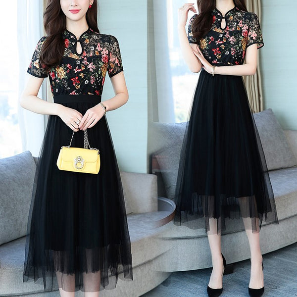 Plus Size Floral Lace Cheongsam Tulle Formal Midi Dress