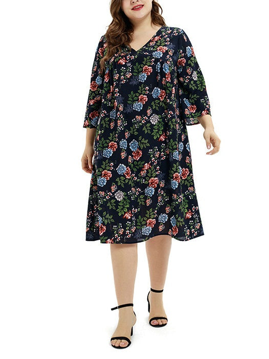 Tamia Plus Size V Neck Blue Loose Flower Print With Sleeve 3/4 Sleeve Mid Sleeve Dress (Suitable For Chinese New Year, Casual, Work, Office And Weekends) (EXTRA BIG SIZE)