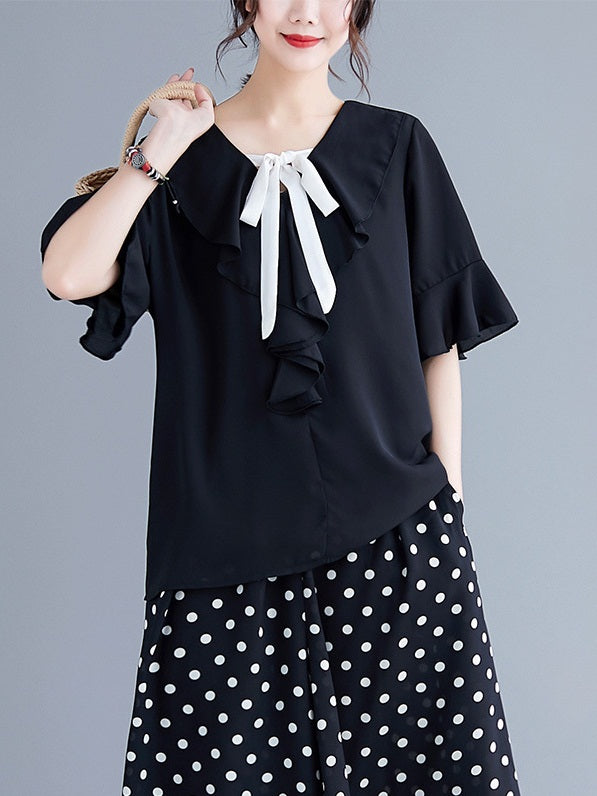 Roza Black Ribbon Frill Chiffon Blouse (EXTRA BIG SIZE)