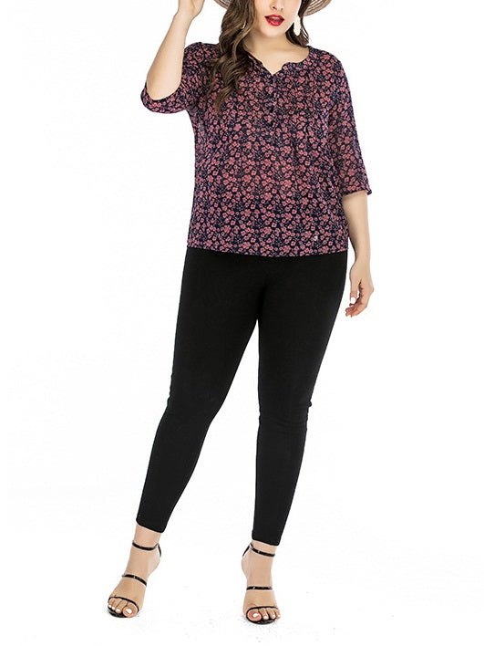 Wendie Plus Size V Neck Buttons Floral Print Longer Back Mid Sleeve Blouse (EXTRA BIG SIZE) (Cream, Pink)
