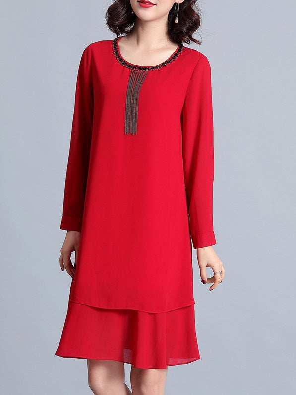 Robina Chain Tassel L/S Dress (Red, Black