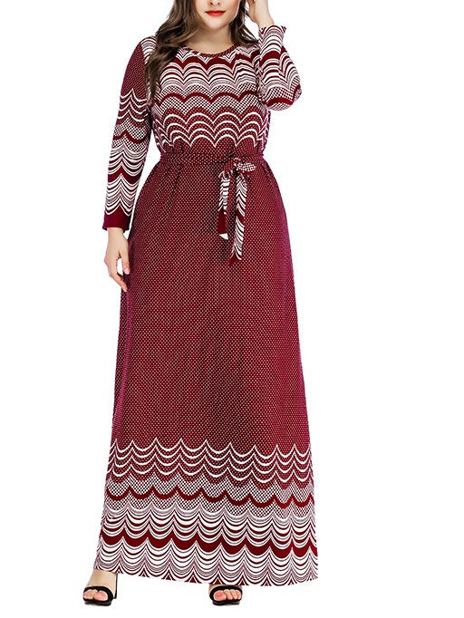 Tommiah Plus Size Lines Print Long Sleeve Maxi Dress (Suitable for Muslimah Fashion Wear, Hijab Wearers as Abaya) (Red, Black) (EXTRA BIG SIZE)