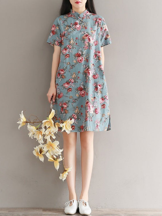 Tayla Plus Size Cheongsam Qipao Light Blue Vintage Floral Print Short Sleeve Dress (Suitable For Chinese New Year)