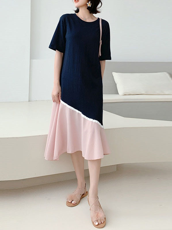 Viridiana Plus Size Blue And Pink Colourblock Loose Short Sleeve T Shirt Midi Dress